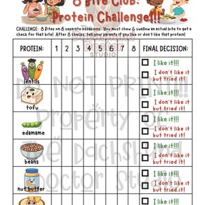 Peut inclure: Tableau illustr&eacute; intitul&eacute; "8 Bite Club: Protein Challenge!!!" avec des images de dessins anim&eacute;s de lentilles, tofu, edamame, haricots, beurre de noix et houmous. Le tableau comprend des cases &agrave; cocher pour le suivi des prot&eacute;ines.