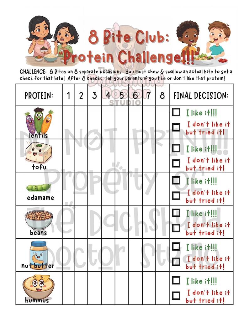 Peut inclure: Tableau illustr&eacute; intitul&eacute; "8 Bite Club: Protein Challenge!!!" avec des images de dessins anim&eacute;s de lentilles, tofu, edamame, haricots, beurre de noix et houmous. Le tableau comprend des cases &agrave; cocher pour le suivi des prot&eacute;ines.