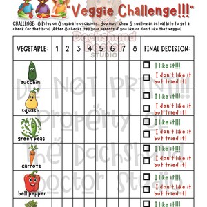 Peut inclure: Un tableau color&eacute; intitul&eacute; "8 Bite Club: Veggie Challenge!!!" pr&eacute;sente des illustrations de l&eacute;gumes comme la courgette, la courge et les carottes. Le tableau comprend des cases &agrave; cocher pour suivre les bouch&eacute;es et une section de d&eacute;cision finale. Trois enfants de dessins anim&eacute;s sont en haut.