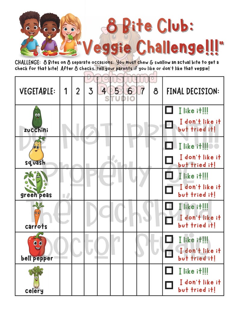 Peut inclure: Un tableau color&eacute; intitul&eacute; "8 Bite Club: Veggie Challenge!!!" pr&eacute;sente des illustrations de l&eacute;gumes comme la courgette, la courge et les carottes. Le tableau comprend des cases &agrave; cocher pour suivre les bouch&eacute;es et une section de d&eacute;cision finale. Trois enfants de dessins anim&eacute;s sont en haut.
