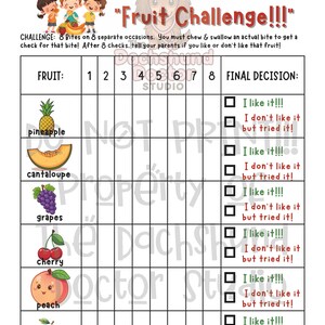 Peut inclure: Un tableau de d&eacute;fi de fruits color&eacute; avec des illustrations de fruits tels que l'ananas, les raisins et les cerises. Le tableau comprend le texte "8 Bite Club: Fruit Challenge!!!" et des cases &agrave; cocher pour suivre les pr&eacute;f&eacute;rences.