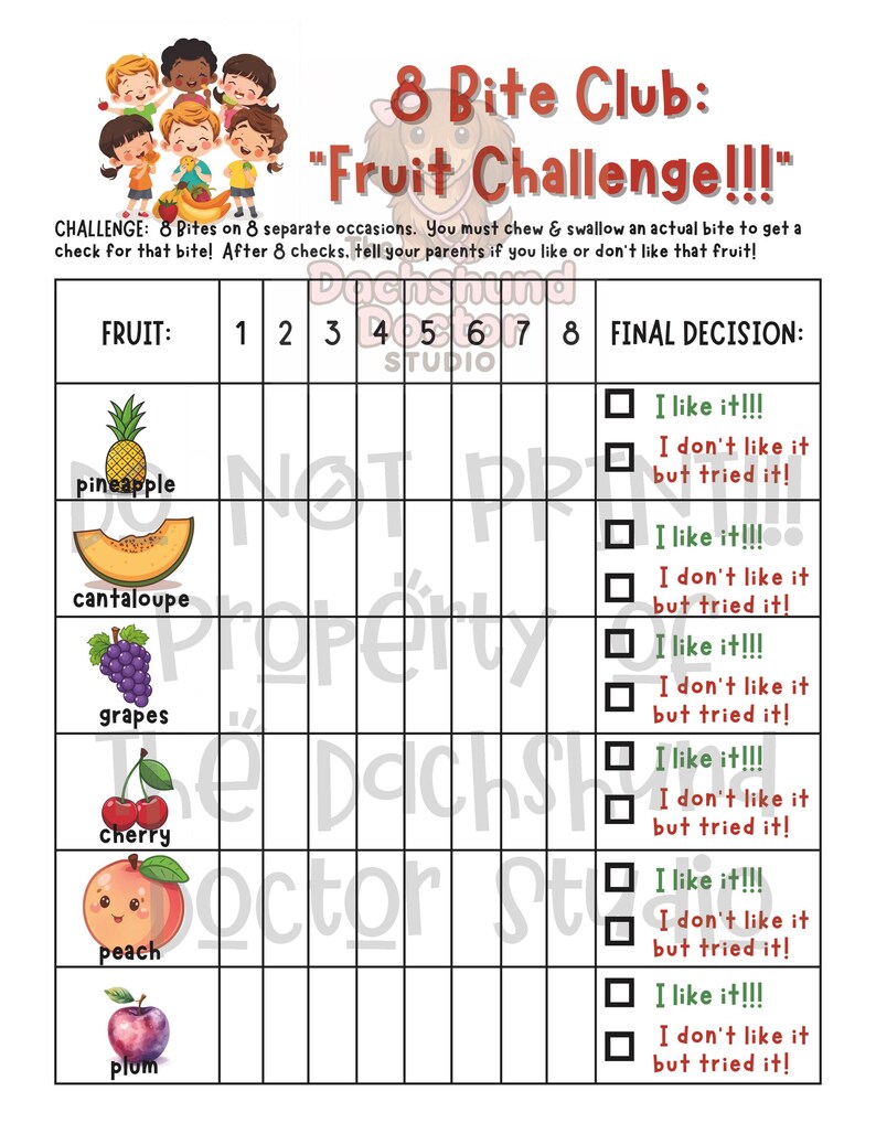 Peut inclure: Un tableau de d&eacute;fi de fruits color&eacute; avec des illustrations de fruits tels que l'ananas, les raisins et les cerises. Le tableau comprend le texte "8 Bite Club: Fruit Challenge!!!" et des cases &agrave; cocher pour suivre les pr&eacute;f&eacute;rences.