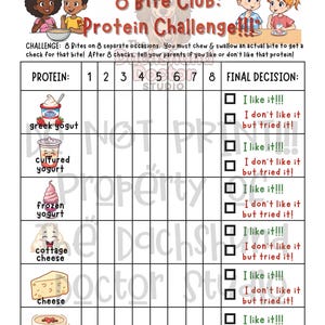 Peut inclure: Un tableau imprimable color&eacute; intitul&eacute; "8 Bite Club: Protein Challenge!!!" avec des illustrations d'enfants et d'aliments riches en prot&eacute;ines. Le tableau est con&ccedil;u pour suivre la consommation de prot&eacute;ines.