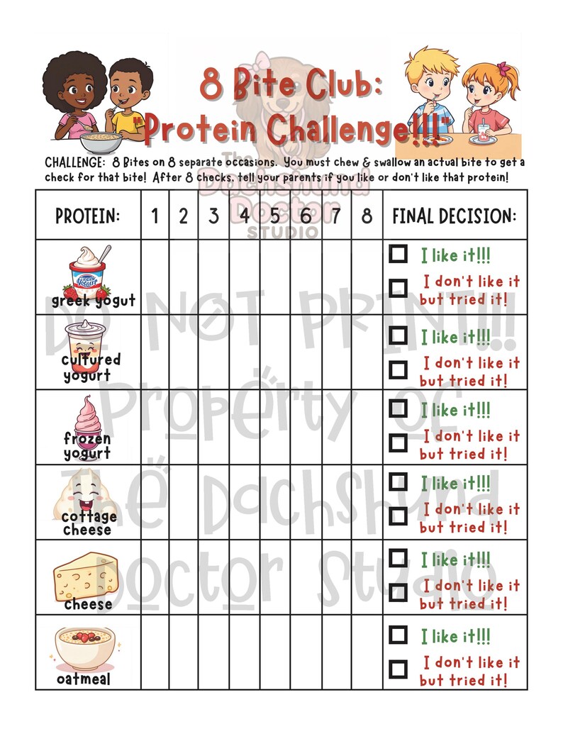 Peut inclure: Un tableau imprimable color&eacute; intitul&eacute; "8 Bite Club: Protein Challenge!!!" avec des illustrations d'enfants et d'aliments riches en prot&eacute;ines. Le tableau est con&ccedil;u pour suivre la consommation de prot&eacute;ines.