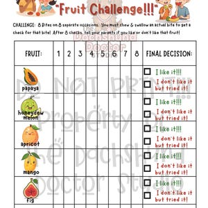 Peut inclure: Tableau de d&eacute;fi fruitier "8 Bite Club: Fruit Challenge!!!" avec des illustrations de fruits comme la papaye et la mangue. Comprend des cases &agrave; cocher pour enregistrer les tests gustatifs. Mesures m&eacute;triques.