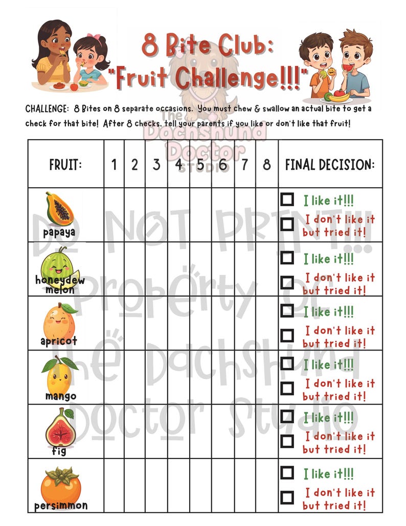 Peut inclure: Tableau de d&eacute;fi fruitier "8 Bite Club: Fruit Challenge!!!" avec des illustrations de fruits comme la papaye et la mangue. Comprend des cases &agrave; cocher pour enregistrer les tests gustatifs. Mesures m&eacute;triques.