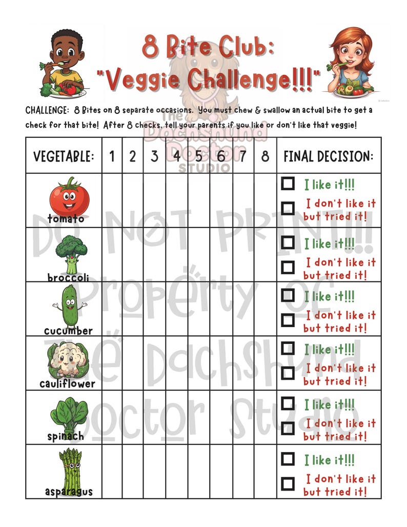 Peut inclure: Un tableau color&eacute; pour le "8 Bite Club: Veggie Challenge!!!" avec des illustrations de l&eacute;gumes comme les tomates, le brocoli et les asperges. Le tableau comprend des espaces pour suivre les bouch&eacute;es et les d&eacute;cisions finales.