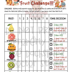 Peut inclure: Un tableau de d&eacute;fi de fruits color&eacute; avec le texte "8 Bite Club: Fruit Challenge!!!", pr&eacute;sentant des illustrations de fruits tels que la poire, le pamplemousse et le kiwi. Comprend des cases &agrave; cocher pour le suivi de la d&eacute;gustation de fruits.