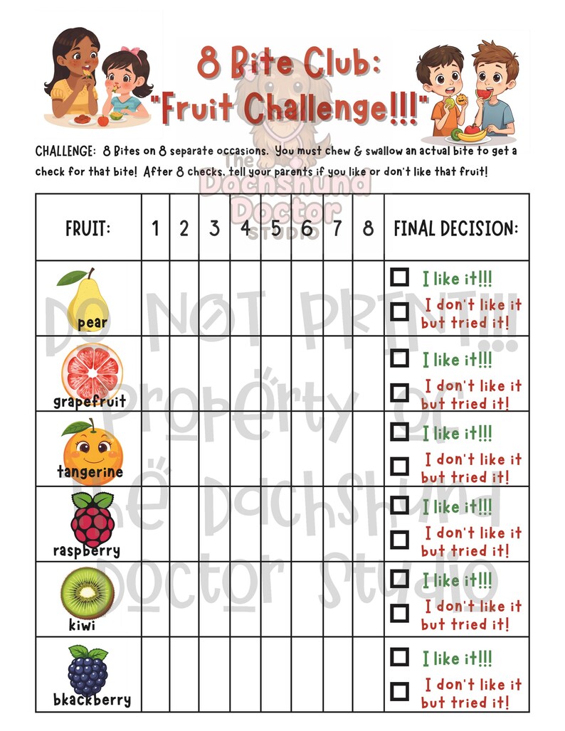 Peut inclure: Un tableau de d&eacute;fi de fruits color&eacute; avec le texte "8 Bite Club: Fruit Challenge!!!", pr&eacute;sentant des illustrations de fruits tels que la poire, le pamplemousse et le kiwi. Comprend des cases &agrave; cocher pour le suivi de la d&eacute;gustation de fruits.