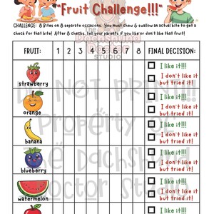 Peut inclure: Un tableau de d&eacute;fi de fruits color&eacute; intitul&eacute; "8 Bite Club: Fruit Challenge!!!" avec des illustrations de fraises, oranges, bananes, myrtilles, past&egrave;ques et pommes. Le tableau comprend des espaces pour suivre les bouch&eacute;es et les d&eacute;cisions finales.
