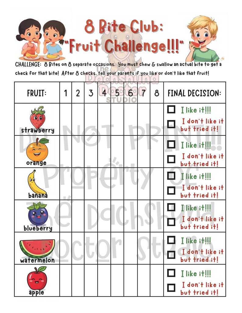 Peut inclure: Un tableau de d&eacute;fi de fruits color&eacute; intitul&eacute; "8 Bite Club: Fruit Challenge!!!" avec des illustrations de fraises, oranges, bananes, myrtilles, past&egrave;ques et pommes. Le tableau comprend des espaces pour suivre les bouch&eacute;es et les d&eacute;cisions finales.