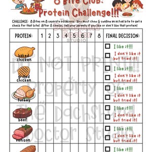 Peut inclure: Un tableau color&eacute; intitul&eacute; "8 Bite Club: Protein Challenge!!!" pr&eacute;sente des illustrations de sources de prot&eacute;ines telles que le poulet, la dinde et le b&oelig;uf. Le tableau comprend des cases &agrave; cocher pour suivre les pr&eacute;f&eacute;rences gustatives.
