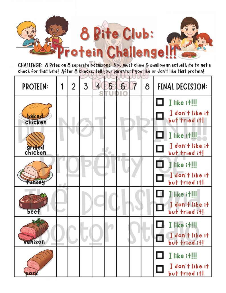 Peut inclure: Un tableau color&eacute; intitul&eacute; "8 Bite Club: Protein Challenge!!!" pr&eacute;sente des illustrations de sources de prot&eacute;ines telles que le poulet, la dinde et le b&oelig;uf. Le tableau comprend des cases &agrave; cocher pour suivre les pr&eacute;f&eacute;rences gustatives.