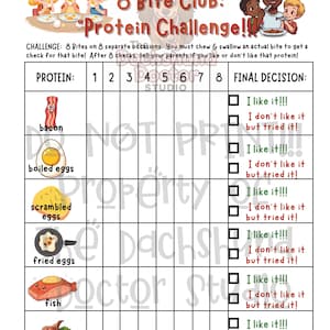 Peut inclure: Tableau imprimable color&eacute; intitul&eacute; "8 Bite Club: Protein Challenge!". Il pr&eacute;sente des illustrations de bacon, d'&oelig;ufs, de poisson et d'agneau. Le tableau est con&ccedil;u pour suivre les pr&eacute;f&eacute;rences alimentaires avec des cases &agrave; cocher.