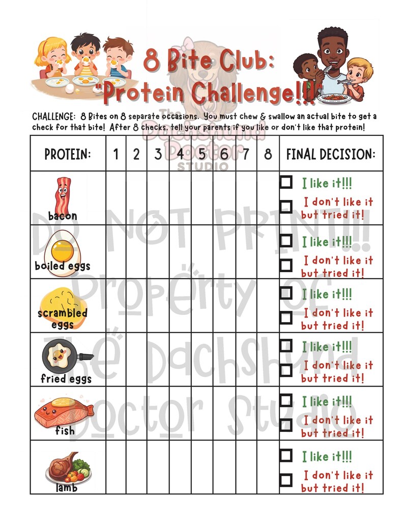 Peut inclure: Tableau imprimable color&eacute; intitul&eacute; "8 Bite Club: Protein Challenge!". Il pr&eacute;sente des illustrations de bacon, d'&oelig;ufs, de poisson et d'agneau. Le tableau est con&ccedil;u pour suivre les pr&eacute;f&eacute;rences alimentaires avec des cases &agrave; cocher.