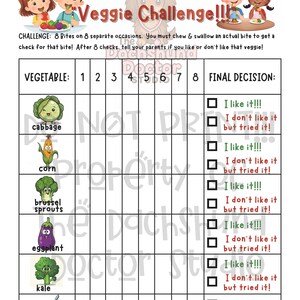 Peut inclure: Un tableau color&eacute; intitul&eacute; "8 Bite Club: Veggie Challenge!!!" pr&eacute;sente des illustrations de l&eacute;gumes comme le chou, le ma&iuml;s et l'aubergine. Le tableau est con&ccedil;u pour suivre les bouch&eacute;es de l&eacute;gumes, avec des cases &agrave; cocher pour "I like it!!!"