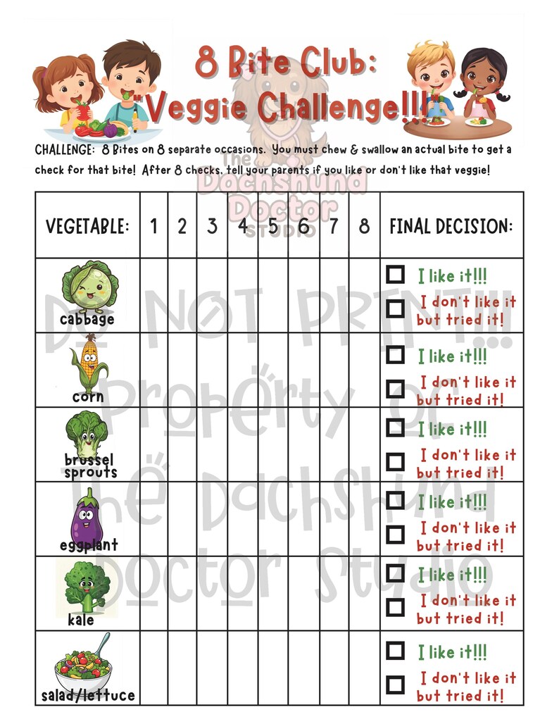 Peut inclure: Un tableau color&eacute; intitul&eacute; "8 Bite Club: Veggie Challenge!!!" pr&eacute;sente des illustrations de l&eacute;gumes comme le chou, le ma&iuml;s et l'aubergine. Le tableau est con&ccedil;u pour suivre les bouch&eacute;es de l&eacute;gumes, avec des cases &agrave; cocher pour "I like it!!!"