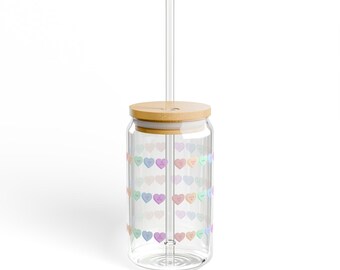 16oz Heart Pattern Sipper Glass with Bamboo Lid & Straw — Pastel Rainbow Hearts