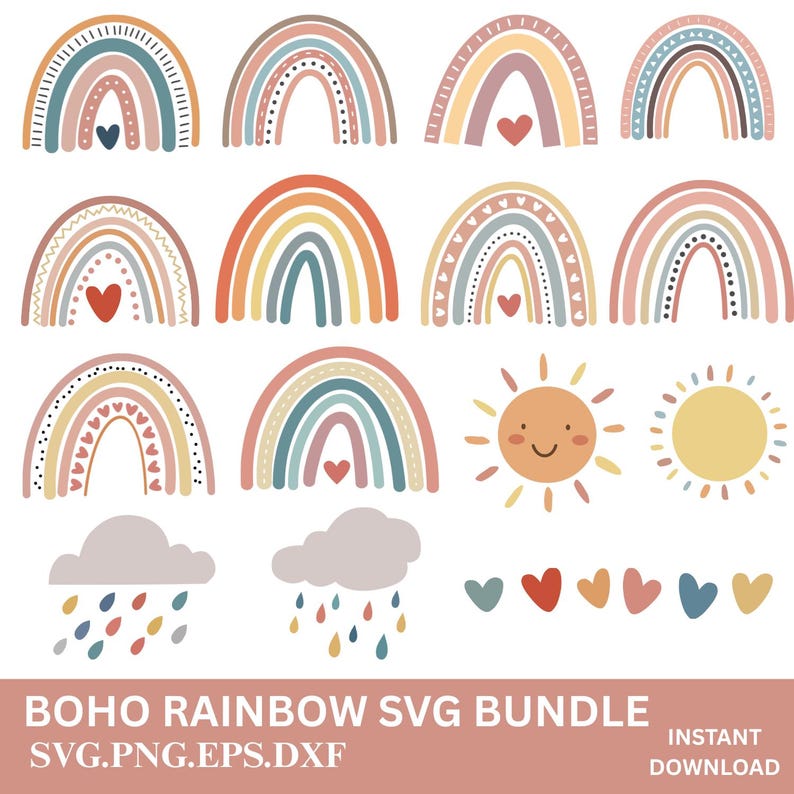 Boho Rainbow SVG Bundle - 12 Rainbows Svg Cut File | Pastel Rainbow Svg ...