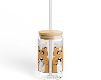 Sipper Glass with Cute Shiba Inu Coffee Design