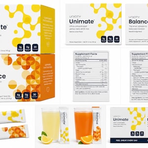 May include: Unicity Unimate and Balance dietary supplement boxes and individual stick packs. The Unimate packaging is white and yellow with lemon flavour text, while Balance is white and orange with orange flavour text. Includes supplement facts labels, glasses of prepared drinks, and lemon and orange slices.
