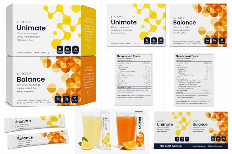 May include: Unicity Unimate and Balance dietary supplement boxes and individual stick packs. The Unimate packaging is white and yellow with lemon flavour text, while Balance is white and orange with orange flavour text. Includes supplement facts labels, glasses of prepared drinks, and lemon and orange slices.