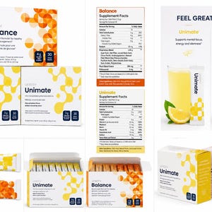 May include: Unicity Balance and Unimate supplement boxes and individual stick packs. The packaging features white, yellow, and orange geometric patterns. Text includes product names, supplement facts, and health claims like blood sugar management.