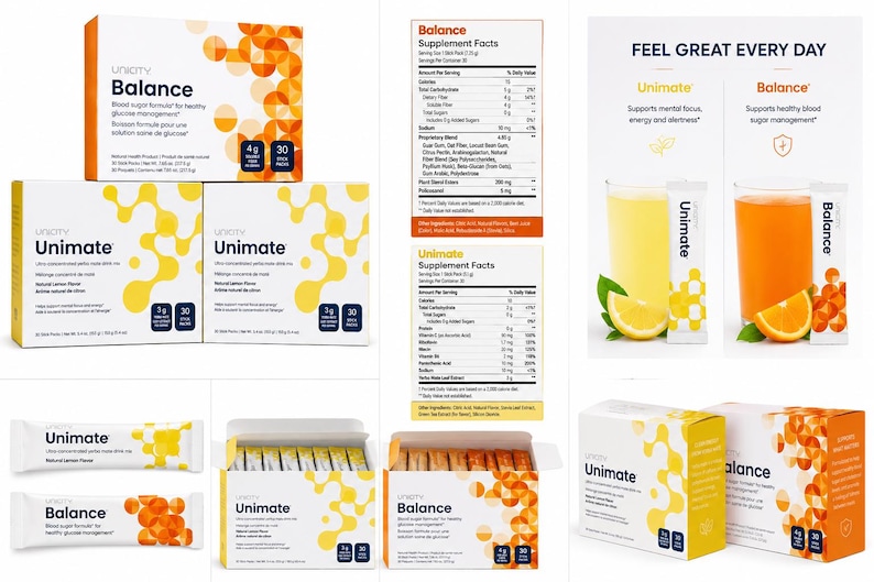 May include: Unicity Balance and Unimate supplement boxes and individual stick packs. The packaging features white, yellow, and orange geometric patterns. Text includes product names, supplement facts, and health claims like blood sugar management.