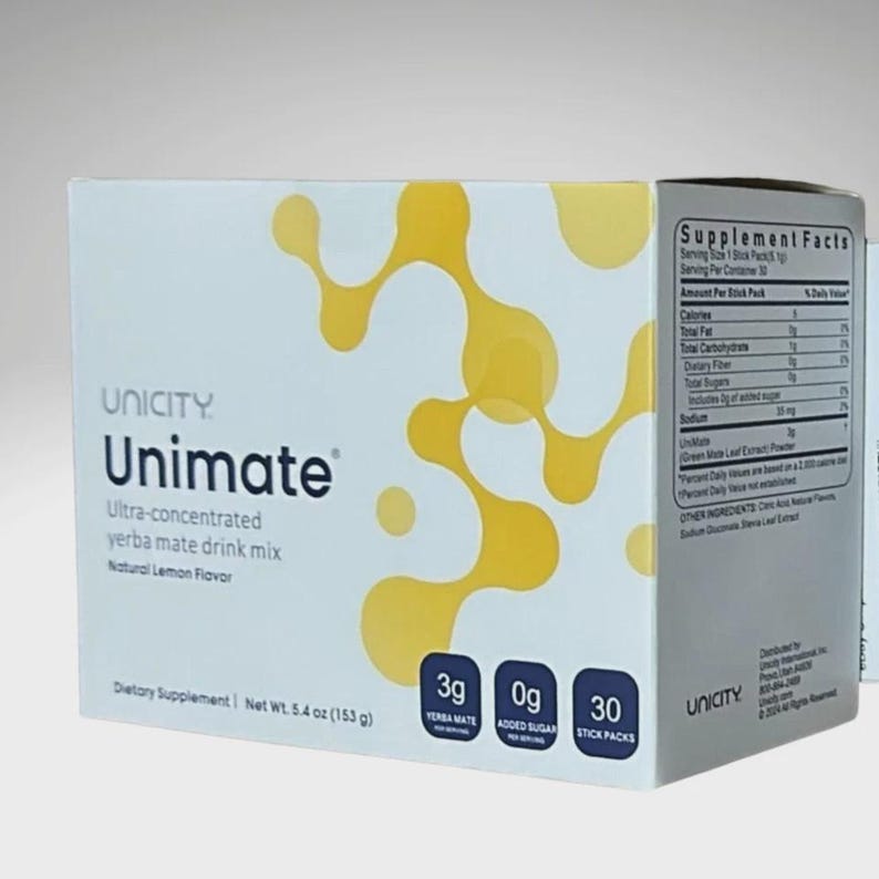 May include: A white rectangular box of Unimate ultra-concentrated yerba mate drink mix with natural lemon flavor. The packaging features a yellow molecular pattern, the Unicity logo, and text indicating 3g yerba mate, 0g added sugar, and 30 stick packs.