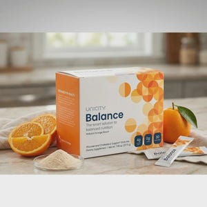 May include: A rectangular box of Unicity Balance Glucose and Cholesterol Support drink mix with a net weight of 7.65 oz. The white and orange packaging features circular patterns, text, and a small dish of beige powder, alongside a fresh orange.