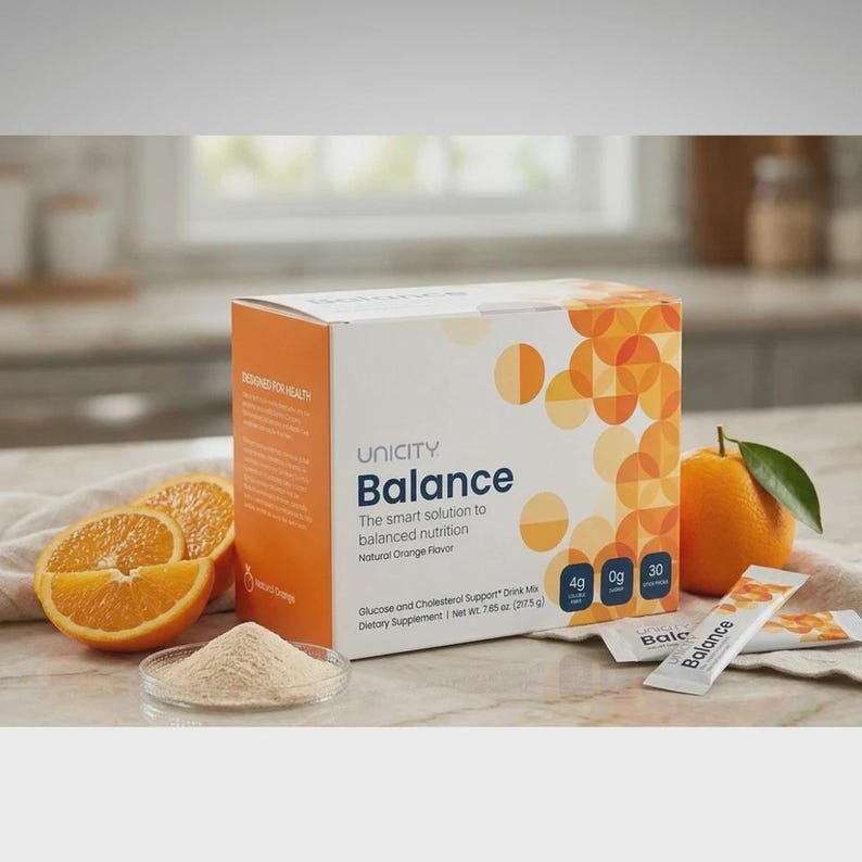 May include: A rectangular box of Unicity Balance Glucose and Cholesterol Support drink mix with a net weight of 7.65 oz. The white and orange packaging features circular patterns, text, and a small dish of beige powder, alongside a fresh orange.
