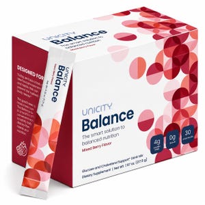 May include: A white and dark red box of Unicity Balance dietary supplement with a matching single stick pack. The packaging features a geometric circle pattern, text stating 4g soluble fibre, 0g sugar, 30 stick packs, and a net weight of 217.5 g.