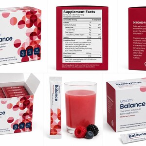 May include: Unicity Balance mixed berry flavour dietary supplement box and individual stick packs. The packaging is white with red circular patterns and black text. Includes a supplement facts label, a glass of pink drink, and fresh berries.