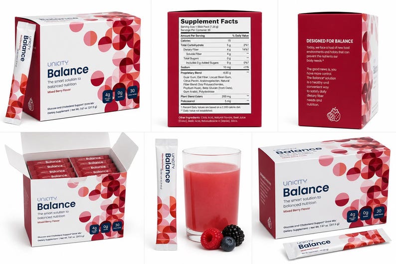 May include: Unicity Balance mixed berry flavour dietary supplement box and individual stick packs. The packaging is white with red circular patterns and black text. Includes a supplement facts label, a glass of pink drink, and fresh berries.