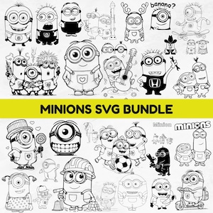 May include: A selection of black and white Minions illustrations in different poses and activities. The image features Minions playing a guitar, skateboarding, and wearing hats. The text "MINIONS SVG BUNDLE" is displayed in yellow.