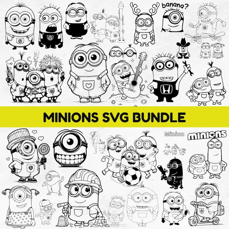 May include: A selection of black and white Minions illustrations in different poses and activities. The image features Minions playing a guitar, skateboarding, and wearing hats. The text "MINIONS SVG BUNDLE" is displayed in yellow.