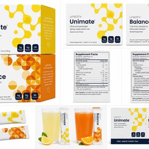 May include: Unicity Unimate and Balance dietary supplement boxes and individual stick packs. The Unimate packaging is white and yellow with lemon flavor text, while Balance is white and orange with orange flavor text. Includes supplement facts labels, glasses of prepared drinks, and lemon and orange slices.
