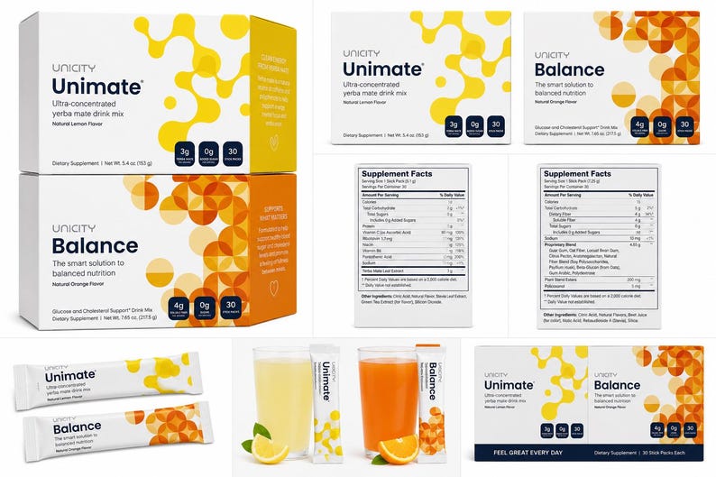 May include: Unicity Unimate and Balance dietary supplement boxes and individual stick packs. The Unimate packaging is white and yellow with lemon flavor text, while Balance is white and orange with orange flavor text. Includes supplement facts labels, glasses of prepared drinks, and lemon and orange slices.