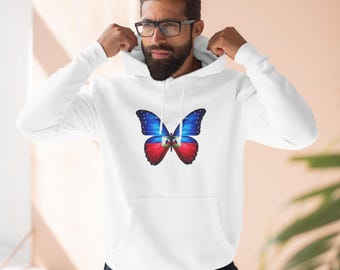Butterfly Haitian Flag Hoodie — Vibrant Red, White & Blue Butterfly Design