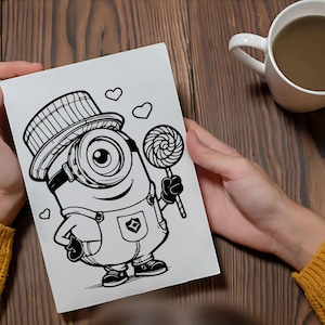 May include: Black and white illustration of a Minion character holding a lollipop and wearing a hat and overalls. The Minion has one large eye and is smiling. Two hearts are drawn above the Minion. A white mug with a brown liquid is in the background.