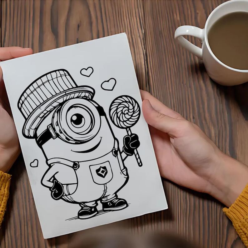 May include: Black and white illustration of a Minion character holding a lollipop and wearing a hat and overalls. The Minion has one large eye and is smiling. Two hearts are drawn above the Minion. A white mug with a brown liquid is in the background.