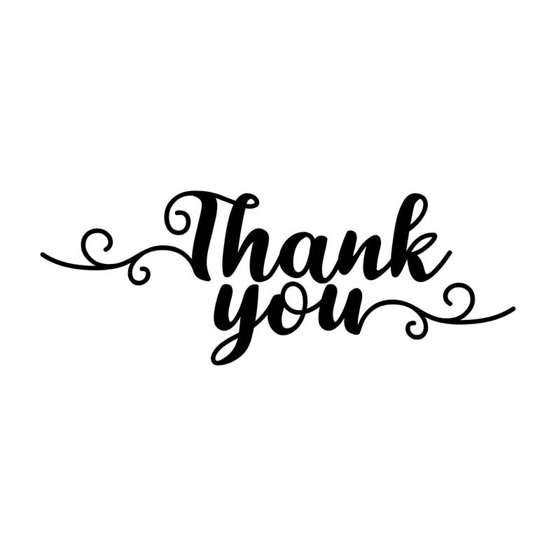 May include: A black, elegant script design that spells out "Thank you". The words are in a stylish font with decorative swirls, suitable for various craft projects and greetings.