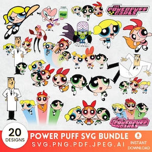 May include: A collection of 20 Powerpuff Girls SVG designs. The image features various cartoon characters, including Blossom, Bubbles, and Buttercup, along with Professor Utonium and other characters. The designs are in various poses and styles, with the text "POWER PUFF SVG BUNDLE" at the bottom.