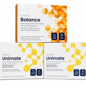 May include: Three rectangular boxes of Unicity dietary supplements. The top box is white with orange circles, labeled Balance, 4g soluble fiber, and 30 stick packs, 7.65 oz. The two bottom boxes are white with yellow shapes, labeled Unimate, 3g yerba mate, and 30 stick packs, 5.4 oz.