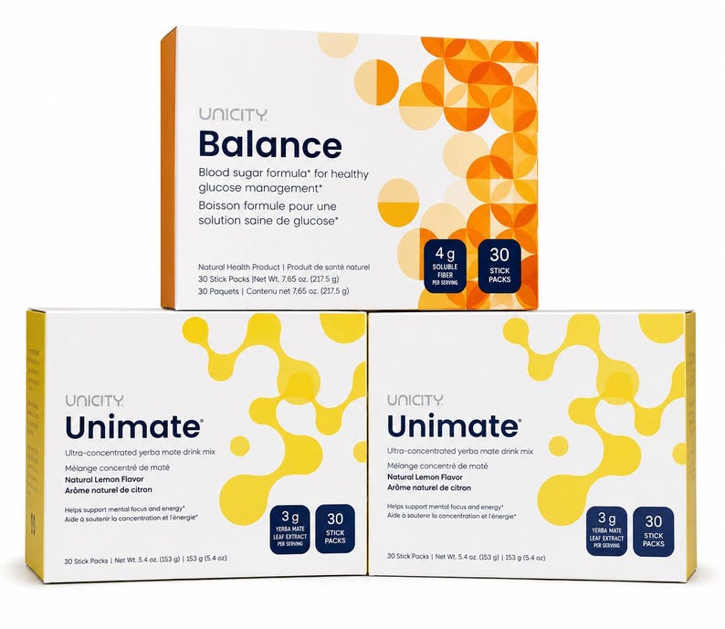 May include: Three rectangular boxes of Unicity dietary supplements. The top box is white with orange circles, labeled Balance, 4g soluble fiber, and 30 stick packs, 7.65 oz. The two bottom boxes are white with yellow shapes, labeled Unimate, 3g yerba mate, and 30 stick packs, 5.4 oz.