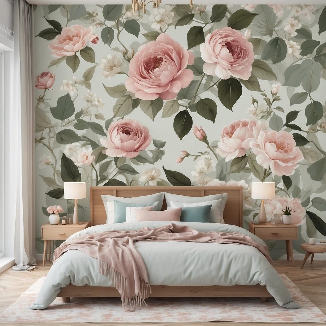 Blush Rose Floral Wallpaper, Vintage Botanical Wall Mural, Soft Pink ...