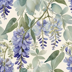 May include: Watercolor illustration of wisteria flowers and leaves. The image features cascading clusters of lavender-blue wisteria blossoms and green leaves against a cream-colored background. The artwork has a soft, painterly quality, with delicate details and a naturalistic style.
