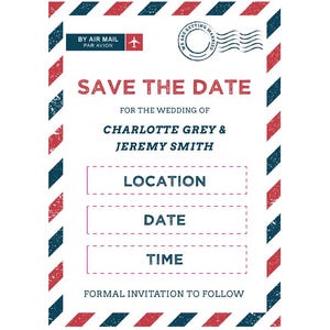 Op de afbeelding: Een trouwkaart met een vintage luchtpostontwerp. De tekst "SAVE THE DATE" staat prominent, samen met de namen "CHARLOTTE GREY & JEREMY SMITH". Het ontwerp bevat ruimte voor locatie, datum en tijd, met een formele uitnodiging.