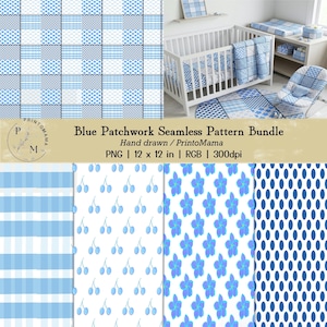 Może przedstawiać: Kolekcja niebieskich wzorów bezszwowych patchwork, w tym kratka vichy, paski, kwiaty i kropki. Wzory są wyświetlane na białym tle, z łóżeczkiem dziecięcym i meblami do pokoju dziecięcego w tle. Tekst brzmi "Blue Patchwork Seamless Pattern Bundle".