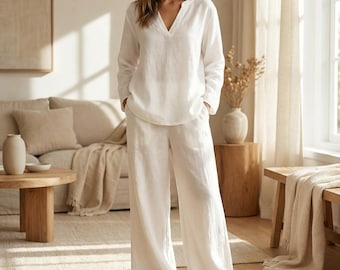 Minimalist Linen Set Women | Cotton Blend Wide Leg Pants & V Neck Top | Relaxed Summer Outfit | Capsule Wardrobe Set